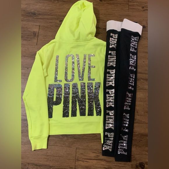 PINK VS NEON IRIDESCENT BLING HOODIE/ YOGA LEGGINGS PANTS OUTFIT M/S - Picture 3 of 11